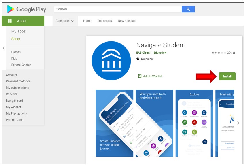 Google Play App Store showing Navigate Student app, published by EAB Global, Inc.