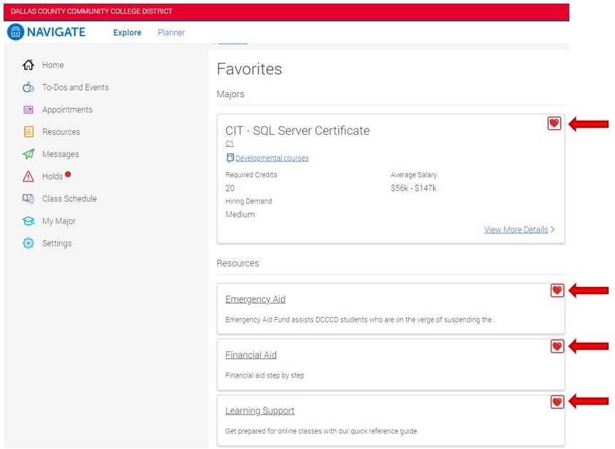 The Favorites list is a tool that saves favorite majors and resources chosen by the student. Note the favorites box for majors and resources is located in the top right corner of each item.