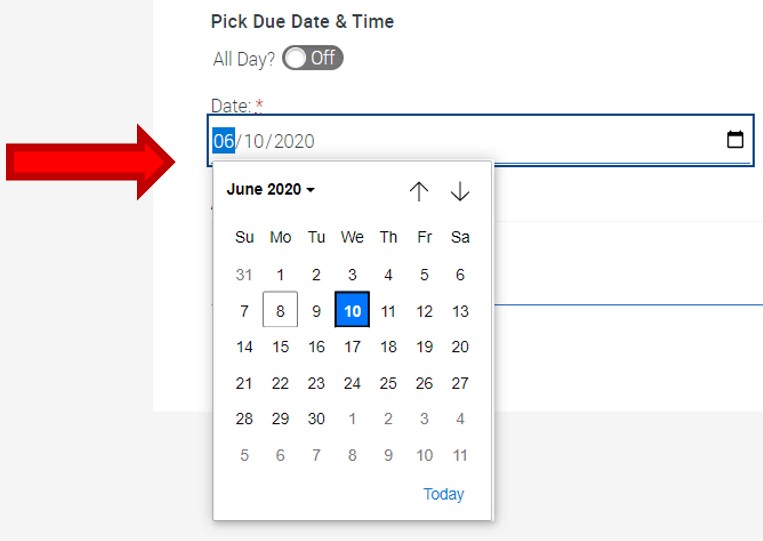 Pop-out calendar Highlighted with date June 10, 2020 selected.