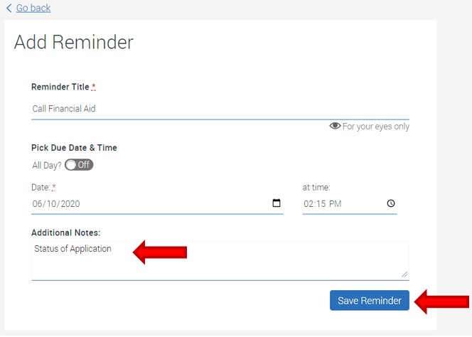 Highlights include: Additional Notes section under date and time section, with the note Status of Application, the Save Button Reminder is located at bottom right corner of screen.