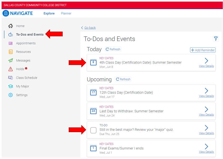 To-Does and Events. Select To-Dos and Events link to open this page. Highlights include: under section Today showing Event item 4th class day, under section Upcoming showing To-Do item Review your 'major' quiz.