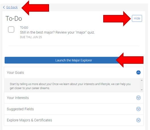 To Do Item, Detail View. Highlights include: Go Back hyperlink at top left corner, Hide button located on top right corner, Launch the Major Explorer button, located in middle with additional informational drop down menus.