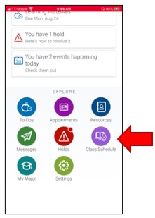 Mobile app home screen. Under the section Explore, select menu item, Class Schedule.