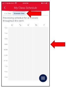 Calendar Schedule View. The calendar is presented in a table format, having days of week (Monday to Friday)as the column names and each row representing one hour, starting at 7am, ending at 10pm.  There are no classes shown in this example.