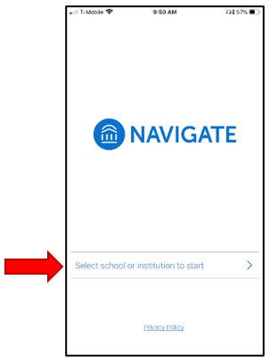 Navigate Mobile App. Select school screen.