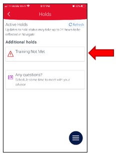 Holds Page, showing active hold Training Not Met.