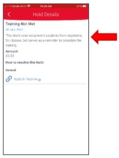 Training Not Met Hold Detail. Description stating This block does not prevent students from registering for classes, but serves as a reminder to complete the training.  Amount section states $0.00.   How to resolve this hold Section is blank.