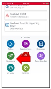 Mobile app home page. Under the section Explore, select menu item, Messages.