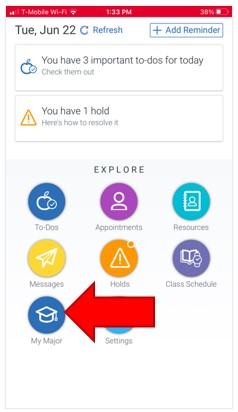 Mobile app home page. Under the section Explore, select menu item, My Major.