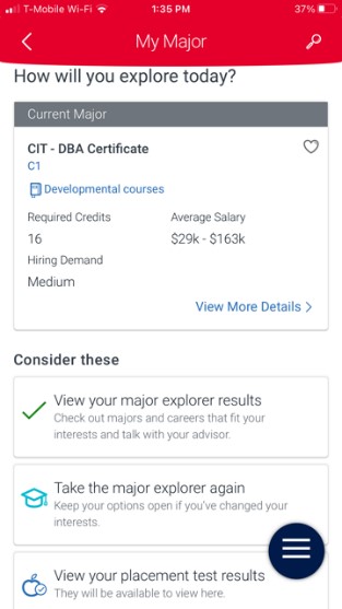 My Major Page showing current major at the top and Consider these options at the bottom (view your major explorer results, take the major explorer again, view your placement test results).