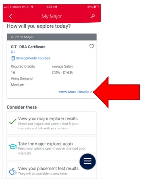 My Major Page, in section Current major, an arrow highlight points to the drop down menu item View More Details.