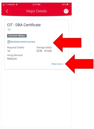 Major Details Page, an arrow highlight points to the brief summary information showing required credits, average salary and hiring demand. An arrow highlight also points to the drop-down menu item Show more.