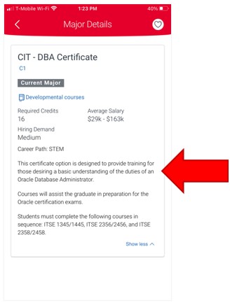 Major Details Page, an arrow highlight points to additional academic and career information revealed when the drop down menu is opened.