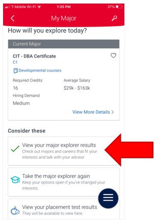My Major Page, under section Consider these, an arrow highlight points to the menu item View your major explorer results.