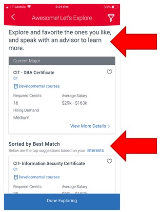 My Major Page, an arrow highlight points to the greeting sentence at the top of the page. The Current Major information is shown in the middle of the page. An arrow highlight is pointed to the section Sorted by section, allowing sort of related programs of study, by Best Match or interests.