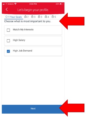 The Major Explorer Assessment is open for completion. An arrow highlight points to the first question at the top of the page. An arrow highlight points to the Next button at the bottom of the page.