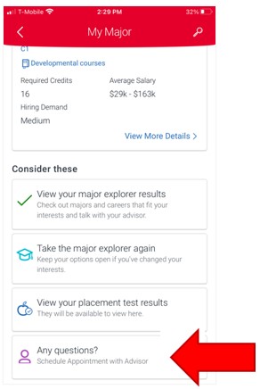 My Major Page, under section Consider these, an arrow highlight points to the menu item Any questions? (schedule an appointment with advisor).