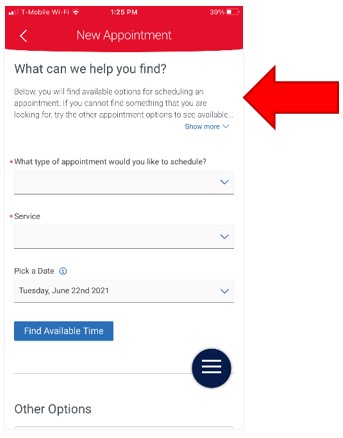 New Appointment Page, an arrow highlight points to the instructions for scheduling an appointment with an academic advisor.