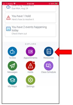 Mobile app home page. Under the section Explore, select menu item, Resources.