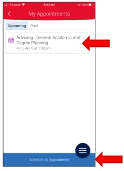 Appointment Scheduling. My Appointments screen showing Upcoming Appointments menu item tab selected. Past Appointments menu item tab available for review. Select menu item Schedule an Appointment to continue.