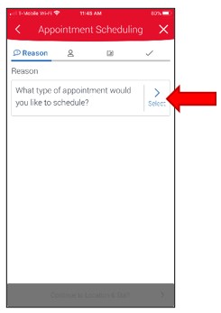 Appointment Scheduling. Start screen. Choose menu item Select to continue.