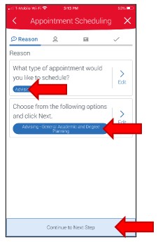 Appointment edit screen showing appointment Reason and topic previously selected. Select menu item Continue to Next Step to continue.