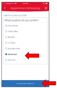 Appointment Scheduling, Select Location Screen showing a list of the seven college campuses with North Lake selected. Choose menu item Answer Next Question to continue.