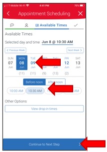 Appointment Scheduling. Date selected is Monday June 8. Time selected is 10:30 AM. Select Continue to Next Step to continue.