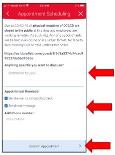 Appointment Scheduling. Confirmation page, showing option for student to type comments for the advisor (student concerns or requests) and the ability to opt-in for an email and/or text reminder. Select Confirm Appointment to finalized appointment.