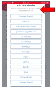 Add To Calendar pop-up menu showing options available on this device to create an appointment reminder.