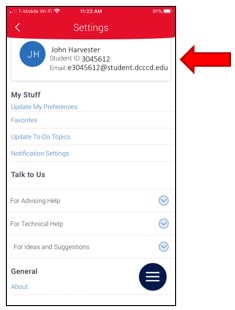 Settings. Confirm student name, ID number and email address at the top. There is list of setting options available under three sections: My Stuff, Talk to Us and General.