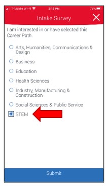 Preference question 2. I am interested in or have this selected Career path. The option for response is to select one of the seven Guided Pathway to Success career paths.