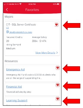 Favorites. Quick access to Favorite Majors and Resources selected by the student in other sections of the mobile App.