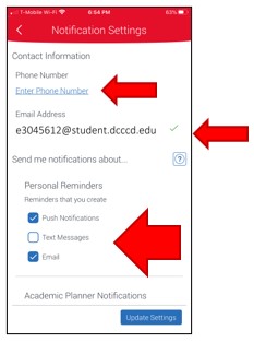 Notification Settings. confirm or enter phone number, view college email address, update notification checkboxes (push notification, text message, email) for Personal Reminders, then scroll down to continue.