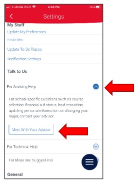 Advising help. A drop down detail opens to inform students that academic advisors are their primary point of contact for their college career. There is a menu list item to schedule and advising appointment. To continue, select Meet With Your Advisor.