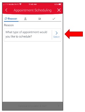 Appointment Scheduling. Start screen. Choose menu item Select to continue.