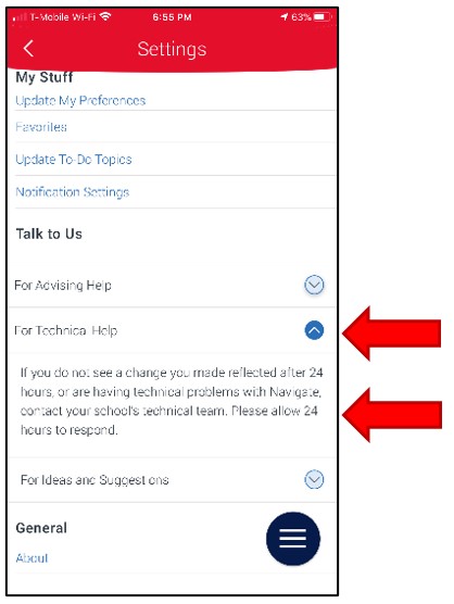 Technical Help. A drop down detail opens to  inform students that the mobile app requires 24 hours to update any new student information from the main student record in eConnect. If problem or concern exists longer than 24 hours, contact technical support for assistance.