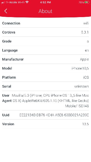 Device info page showing technical specifications.