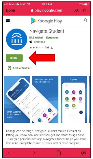 Google Play Store showing a description of the Navigate Student App. Select Install to install on mobile device.