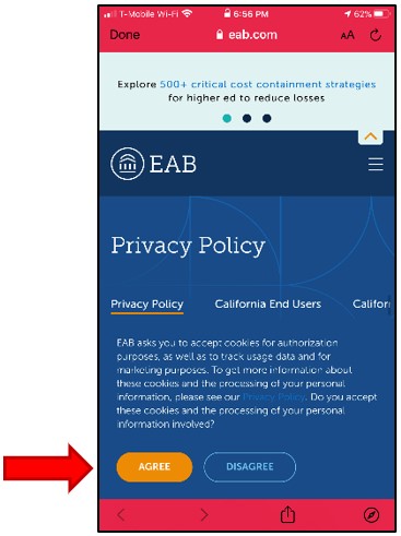 Student Navigate Mobile App explaining the Privacy Policy (legal liability limitations, etc.) students agree to by choosing to use the app. Select Agree or Disagree.