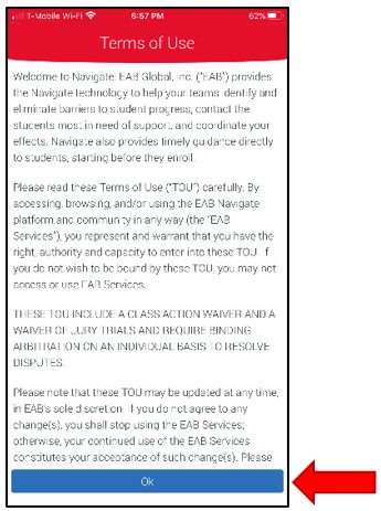 Student Navigate Mobile App shows several paragraphs explaining the Terms of Use (legal liability limitations, etc.) students agree to by choosing to use the app. Select OK to accept.