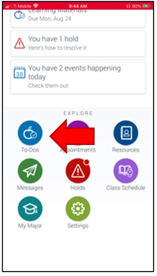 Mobile app home page. Under the section Explore, select menu item, To Dos.