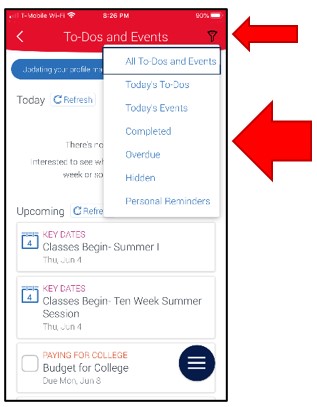 To Dos and Events. The Filter icon is located in the top right corner of this screen. When selected, a pop-up menu becomes available to select seven different filter options.