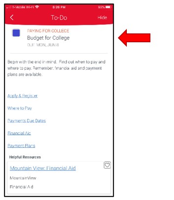 To Do Detail Screen. This example shows the checkbox selected for the task Paying for College, Budget for College.