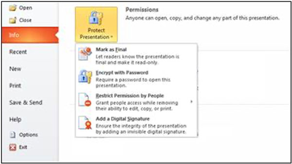 Protect Presentation. Protect Presentation button with options