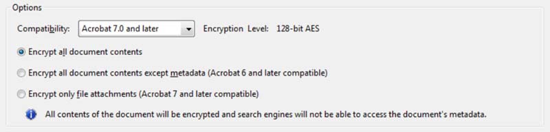  Compatibility drop-down menu. Options control compatibility with previous versions and type of encryption