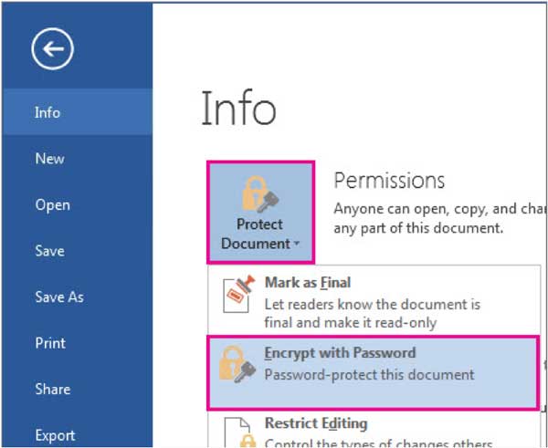 Remove a password. Screenshot of the Protect Document button highlighted in the Microsoft Word Info menu. The Encrypt with Password option is selected.