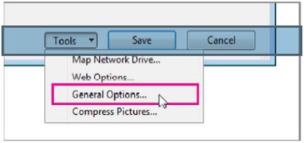 Save As Dialog Box. Screenshot of Save As dialog box, The General options is selected.