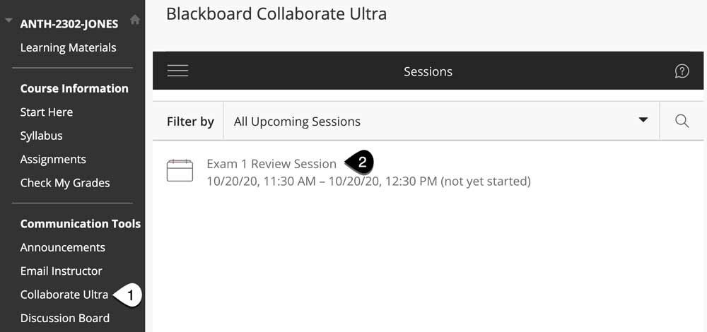 Screenshot of an example eCampus course with the Collaborate Ultra link in the course menu highlighted. The Collaborate Ultra tool displays in the content area on the right and an example session is highlighted. 
