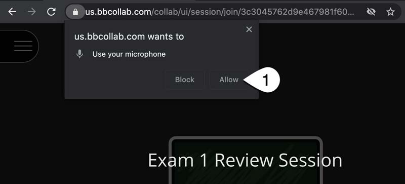 Screenshot of a pop-up in Collaborate Ultra. The pop-up reads us.bbcollab.com wants to use your microphone. The Allow button is highlighted (step 1).